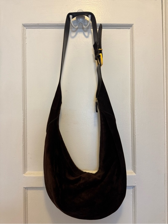 KHAITE Handbags - KHAITE Dark Brown Suede Hobo Crossbody Bag with Black Strap